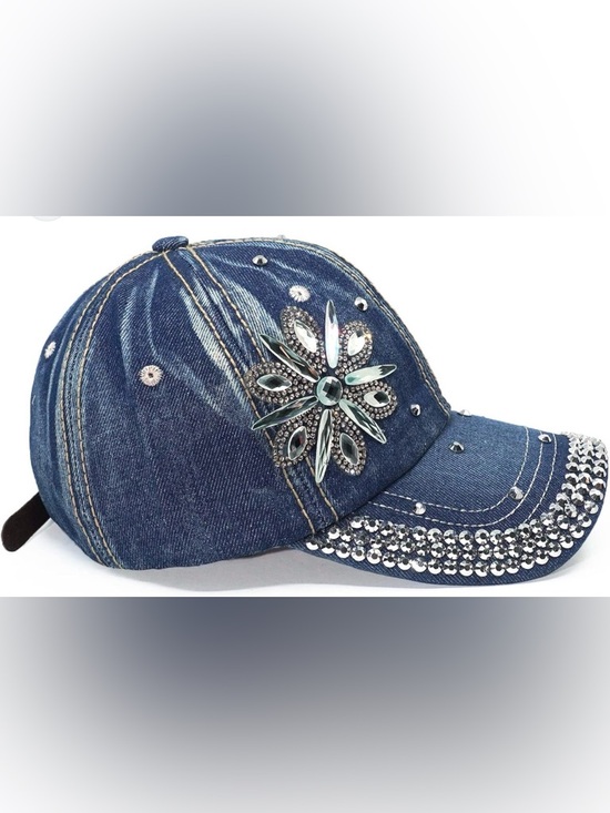 Bon Voyage Accessories - Bon Voyage Denim Cap with Crystal Floral Accent , New w/ Tag